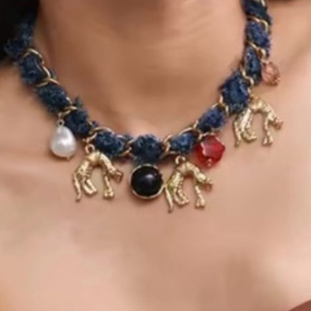 New! Denim Leopard Charm Necklace 18k Gold Plated | NWOT
